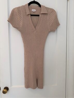 Le Lis Beige Ribbed Knit Polo Dress